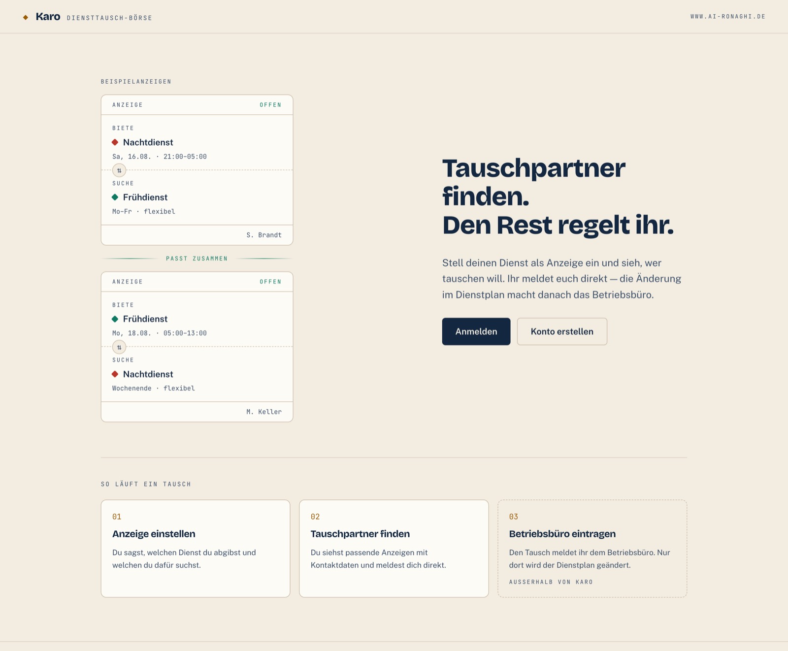 Startseite von Dienstplan: links zwei Beispielanzeigen, die zueinander passen — eine bietet einen Nachtdienst und sucht einen Frühdienst, die andere umgekehrt. Rechts die Überschrift „Tauschpartner finden. Den Rest regelt ihr.“ Darunter die drei Schritte eines Tauschs.